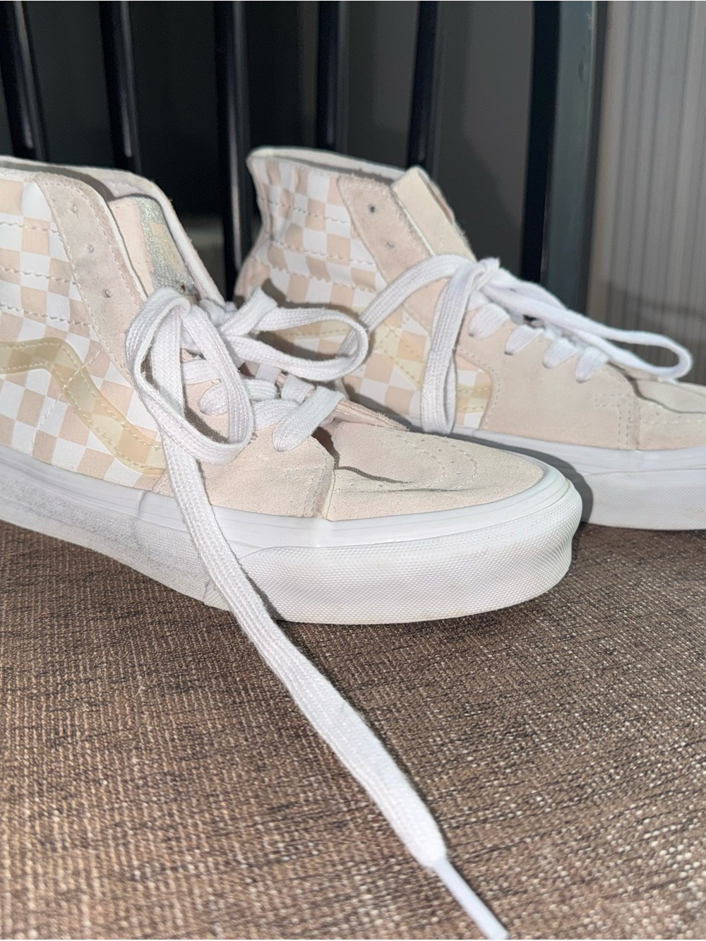 Vans Women’s Checkerboard Sk8-Hi Sneakers in Cream and White